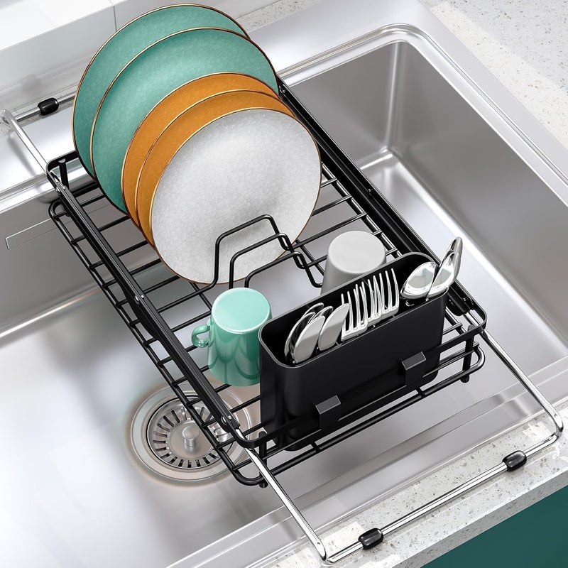 TOOLF Over the Sink Dish Drying Rack,In Sink Dish Drying Racks,Expandable Dish Rack Over Sink Counter,Adjustable Dish Drainer for Inside Sink with Utensil Holder, Stainless Steel Dish Strainer Compact Size - Image 1